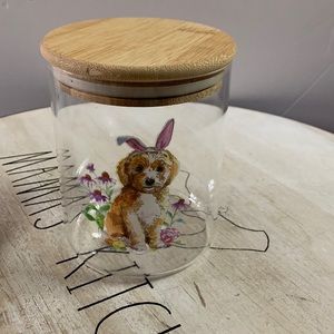 New Glass jar/Container with bamboo top for treats/seeds with dog print